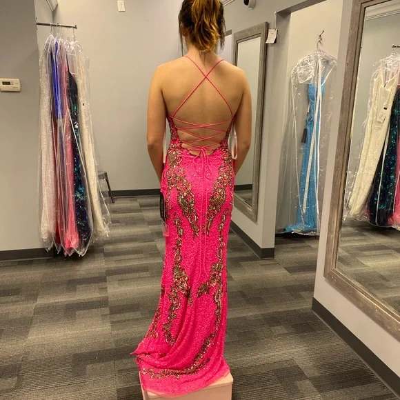 slim fit dress slacks Ashley Lauren 1937 Hot Pink/Gold Prom Dress Size 4, 6, 8 Metallic A Line 8 / Hot Pink/Gold main image 0